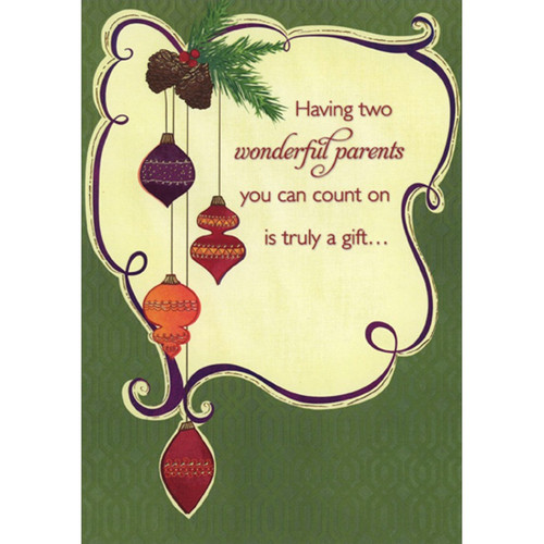 Holly, Pine Cones, 4 Hanging Purple, Red and Orange Ornaments African American Christmas Card for Parents: Having two wonderful parents you can count on is truly a gift…