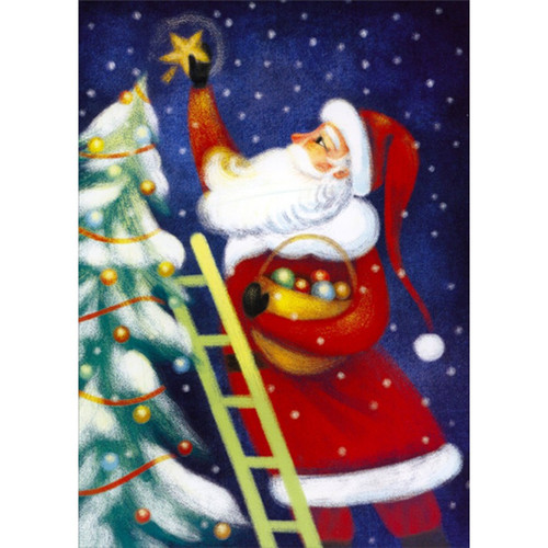 Santa Placing Star on Tree Top Christmas Card