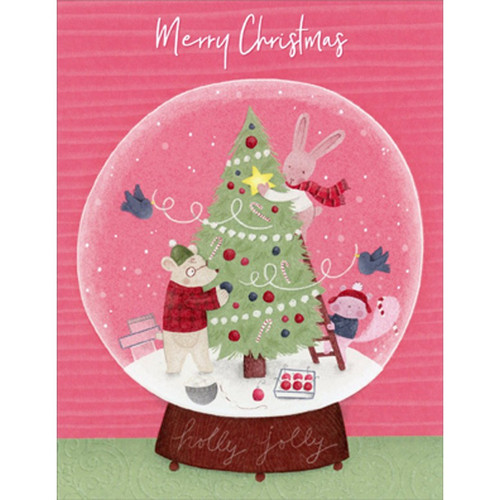 Animals Decorating Tree Inside Snowglobe Christmas Card: Merry Christmas