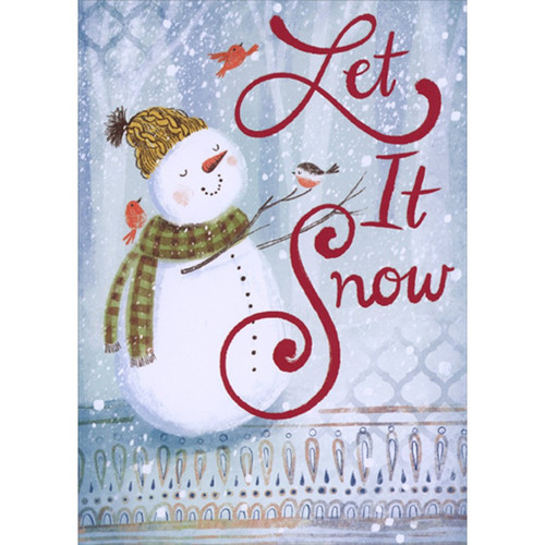 Smiling Snowman with Small Bird Perched on Arm Christmas Card: Let It Snow