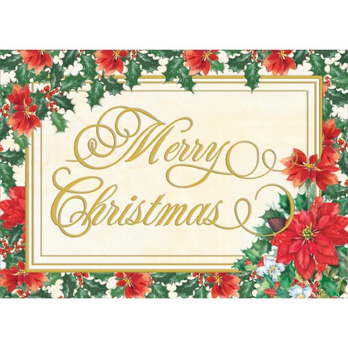 Gold Merry Christmas and Poinsettias Christmas Card: Merry Christmas