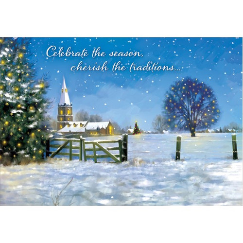 Fence and Church Religious Christmas Card: Celebrate the season, cherish the traditions…