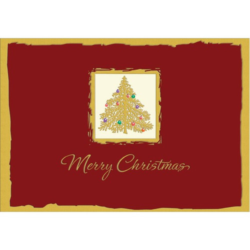 Gold Tree on Deep Red Christmas Card: Merry Christmas