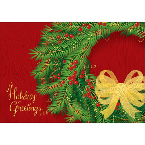 Wreath with Gold Bow Christmas Card: Holiday Greetings