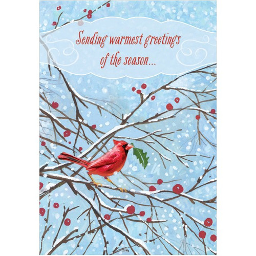 Cardinal with Green Leaf Christmas Card: Sending warmest greetings of the season…