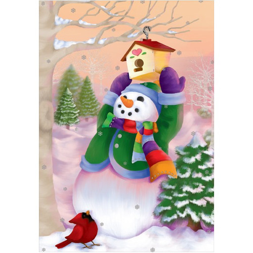 Snowman Hanging Bird House Christmas Card