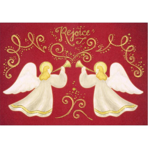 Gold Foil Angels on Red Religious Christmas Card: Rejoice
