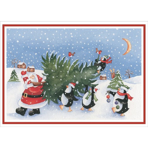 Santa and Penguins Carrying Tree Cute Christmas Card