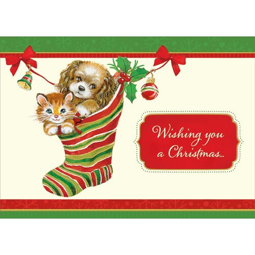 Kitten and Puppy in Stocking Cat and Dog Christmas Card: Wishing you a Christmas…