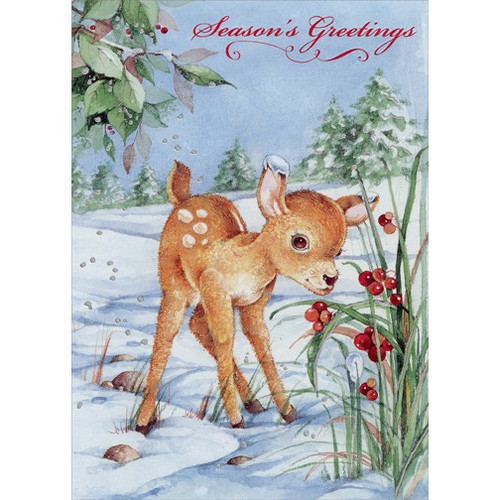 Deer Smelling Flowers Christmas Card: Season's Greetings