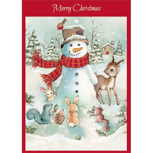 Snowman with Woodland Animals Christmas Card: Merry Christmas