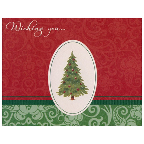 Evergreen Tree in Oval Frame Christmas Card: Wishing you...