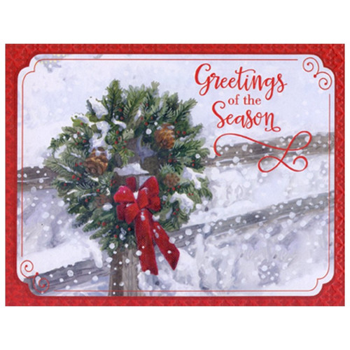 Wreath on Fence in Winter Christmas Card: Greetings of the Season
