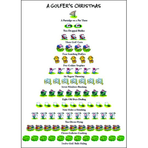 Golfer's - 12 Days of Christmas Box of 15 Christmas Cards: A Golfer's Christmas - A Partridge on a Par Three - Two Dropped Birdies - Three Golf Carts - Four Searching Duffers - Five Golden Trophies - Six Ragers Throwing - Seven Windows Breaking - Eight Old Boys Dealing - Nine Holes a-Shrinking - Ten Divots Flying - Eleven Galleries Gawking - Twelve Golf Balls Hiding