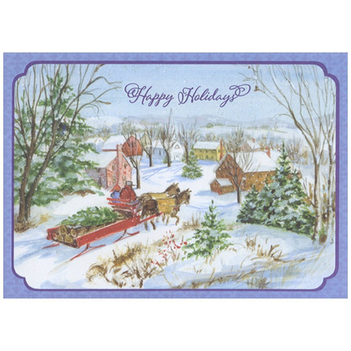 Horse Drawn Sleigh in Blue Frame Christmas Card: Happy Holidays