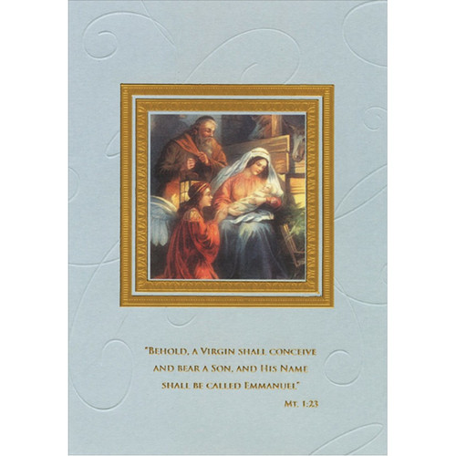 Angel Kneeling by Mary and Baby Jesus Religious Christmas Card: Behold a Virgin shall conceive and bear a son, and his name shall be called Emmanuel - MT 1:23