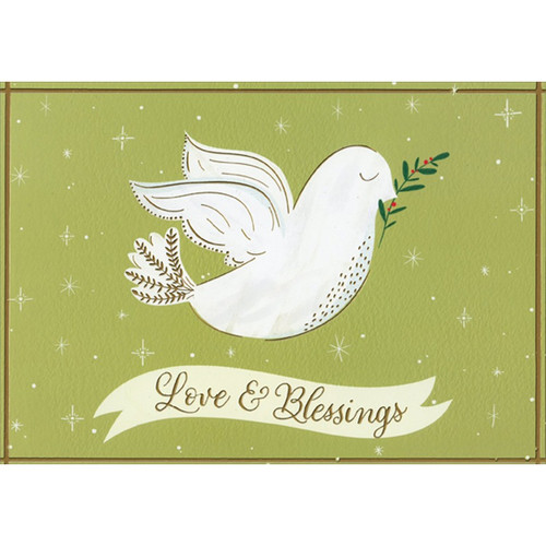 White Dove and Olive Branch on Green Christmas Card: Love and Blessings