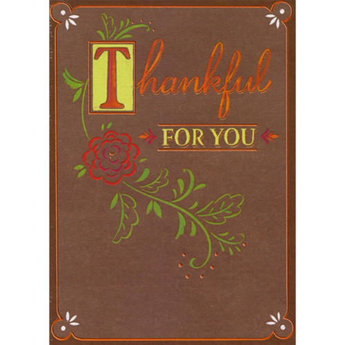 Thin Lined Red Flower with Green Vine on Brown Package of 8 Deluxe Thanksgiving Cards: Thankful For You