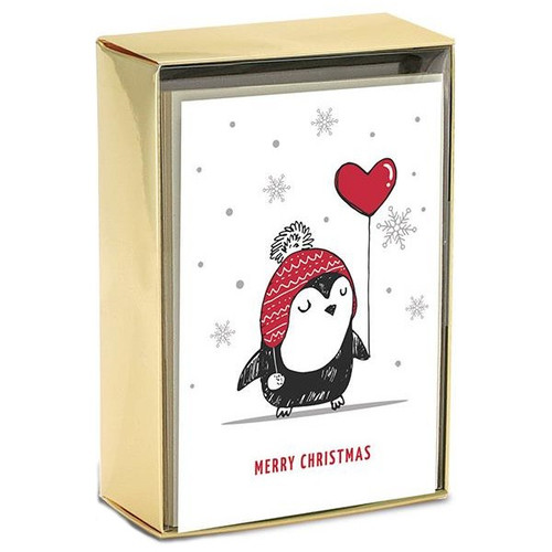 Penguin with Red Heart Balloon Petite Box of 15 Christmas Cards: Merry Christmas