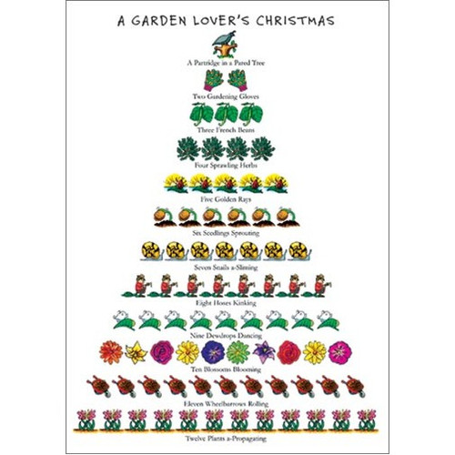 Garden Lover's - 12 Days of Christmas Box of 15 Christmas Cards: A Garden Lover's Christmas - A Partridge in a Pared Tree - Two Gardening Gloves - Three French Beans - Four Sprawling Herbs - Five Golden Rays - Six Seedlings Sprouting - Seven Snails a-Sliming - Eight Hoses Kinking - Nine Dewdrops Dancing - Ten Blossoms Blooming - Eleven Wheelbarrows Rolling - Twelve Plants a-Propagating