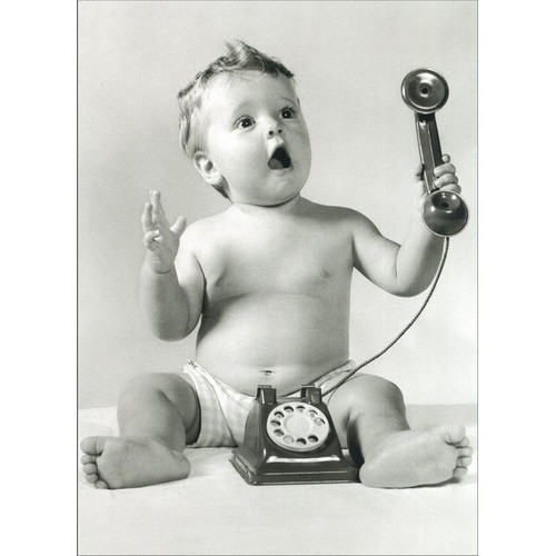 Seated Baby Holding Telephone Belated Birthday Card