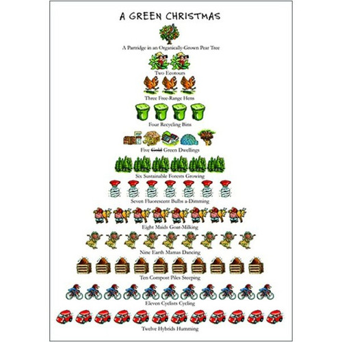 Green Christmas - 12 Days of Christmas Box of 10 Christmas Cards: A Green Christmas - A Partridge in an Organically-Grown Pear Tree - Two Ecotours - Three Free-Range Hens - Four Recycling Bins - Five Gold Green Dwellings - Six Sustainable Forests Growing - Seven Fluorescent Bulbs a-Dimming - Eight Maids Goat-Milking - Nine Earth Mamas Dancing - Ten Compost Piles Steeping - Eleven Cyclists Cycling - Twelve Hybrids Humming