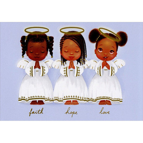 Three Cute Angel Girls with Gold Foil Halos African American Box of 16 Christmas Cards: faith - hope - love