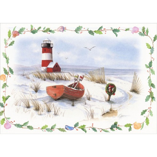 Lighthouse & Rowboat Coast Scene Holiday Card