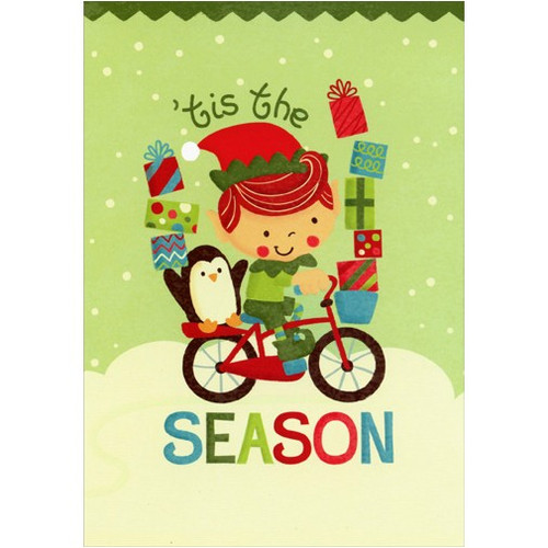 Elf and Penguin on Bicycle Christmas Card: 'tis the SEASON