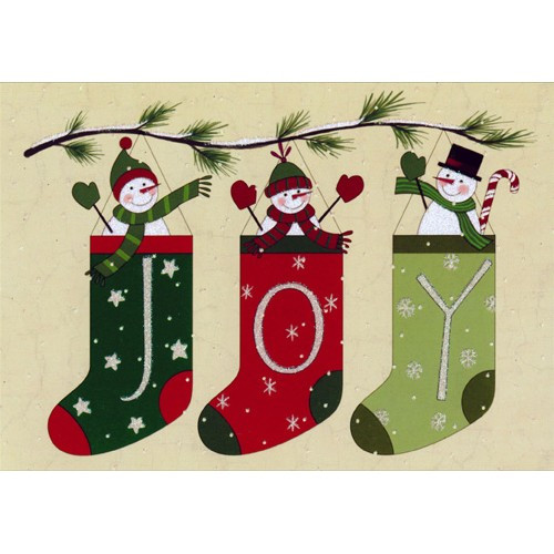 Folk Art Snowman Stockings Christmas Card: JOY
