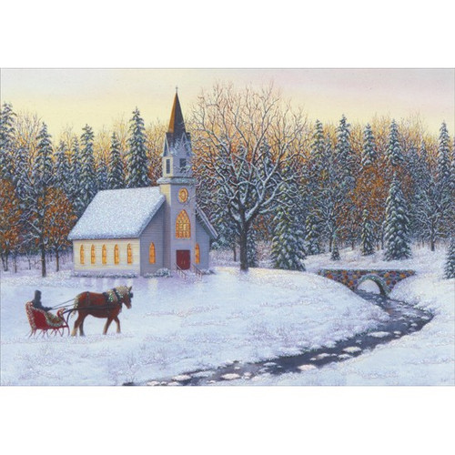 Sleigh, Church and Stream Christmas Card