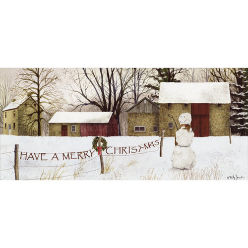 Farm, Snowman and Fence in Winter Box of 14 Long Glitter Christmas Cards: Have a Merry Christmas