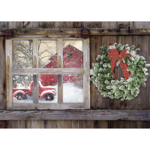 Red Truck Outside Window Box of 12 Die Cut Farm Christmas Cards