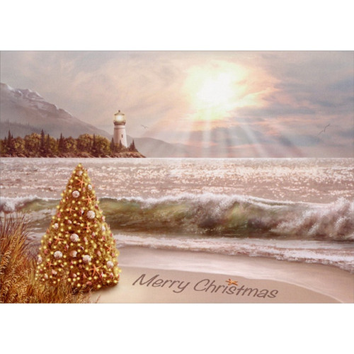 Tree Decorated with Shells on Beach with Lighthouse Box of 18 Nautical Christmas Cards: Merry Christmas