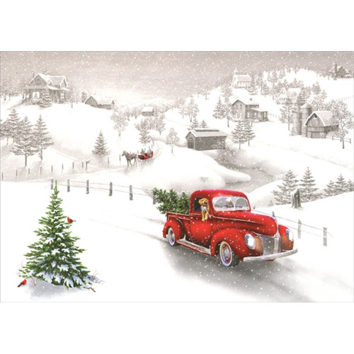 Red Pickup Truck and Snow Covered Road and Hillside Box of 16 Christmas Cards