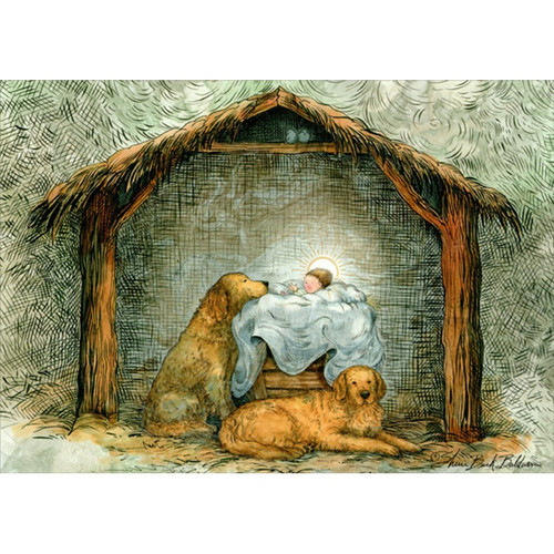 Two Golden Labrador Retrievers in Manger with Jesus Box of 16 Religious Christmas Cards