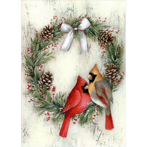 Two Cardinals on Wreath : White Bow Box of 16 Christmas Cards