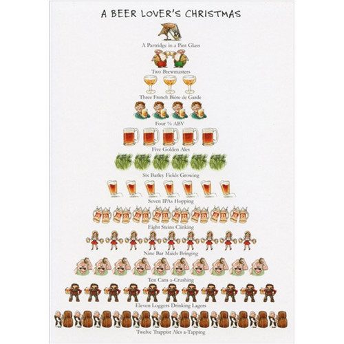 Beer Lover's 12 Days of Christmas Box of 15 Christmas Cards: A Beer Lover's Christmas - A Partride in a Pint Glass - Two Brewmasters - Three French Biere de Garde - Four % ABV - Five golden Ales - Six Barley Fields Growing - Seven IPAs Hopping - Eight Steins Clinking - Nine Bar Maids Bringing - Ten Cans a-Crushing - Eleven Loggers Drinking Lagers - Twelve Trappist Ales a-Tapping