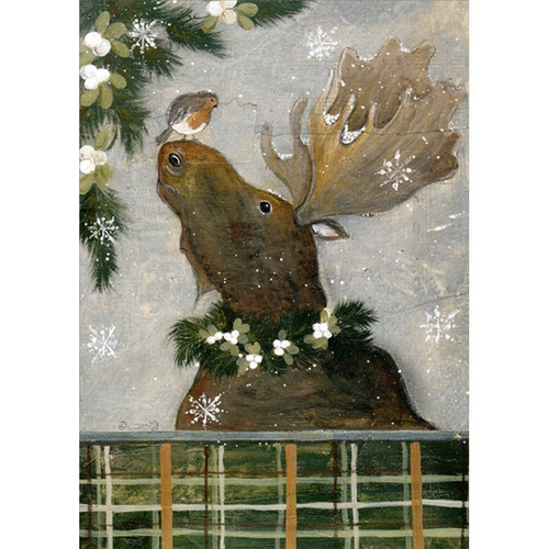 Moose with Chickadee Perched on Nose Box of 16 Christmas Cards