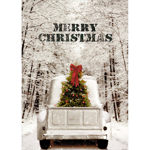 White Pickup Truck Transporting Tree on Snowy Road Box of 14 Christmas Cards: MERRY CHRISTMAS