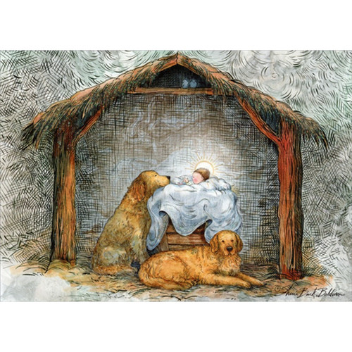 Two Dogs Protecting Baby Jesus in Manger Box of 12 Die Cut Pop Out Religious Christmas Cards