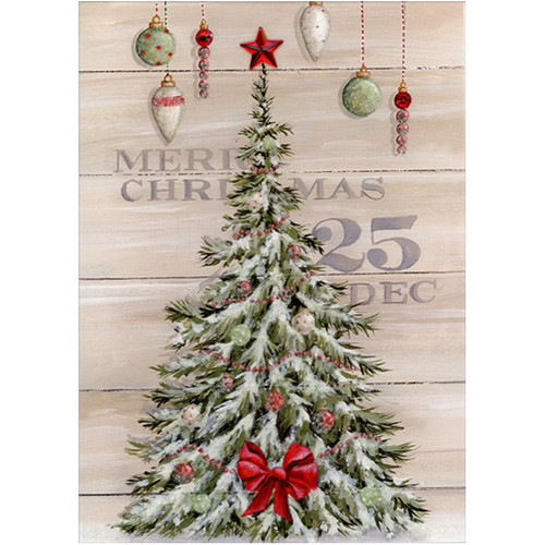 Tree with Red Bow and 3D Red Gem Star Box of 12 Hand Decorated Christmas Cards: Merry Christmas - 25 Dec