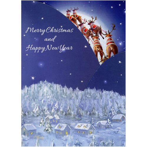 Santa Flying Sleigh Across Full Moon Tri-Fold Panorama Box of 12 Christmas Cards: Merry Christmas and Happy New Year