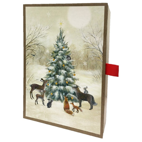Woodland Animals : Glitter Accented Evergreen Tree : 14 Christmas Cards in Keepsake Box