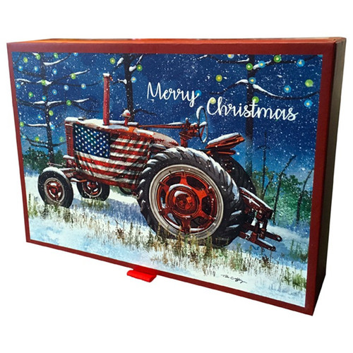 Red Tractor in Winter : American Flag 14 Patriotic Glitter Embellished Christmas Cards in Keepsake Box: Merry Christmas