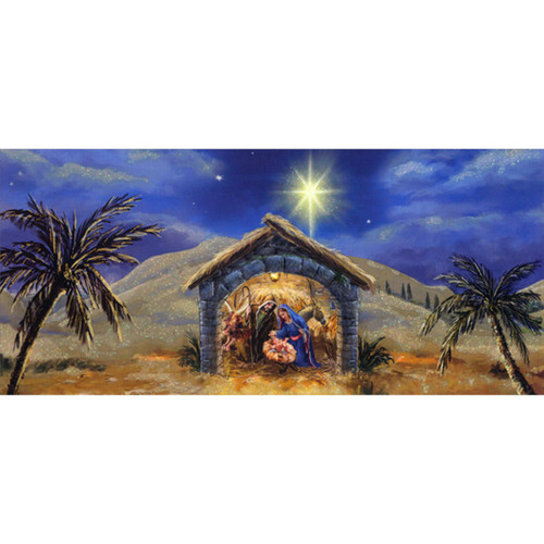 Jesus, Mary, Joseph in Stable : Sparkling Glitter Sand and Star Box of 14 Long Christmas Cards