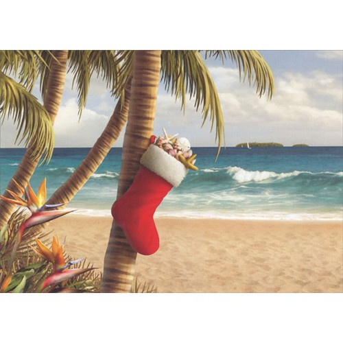 Stocking Hung From Palm Tree Box of 18 Alan Giana Tropical Holiday Cards