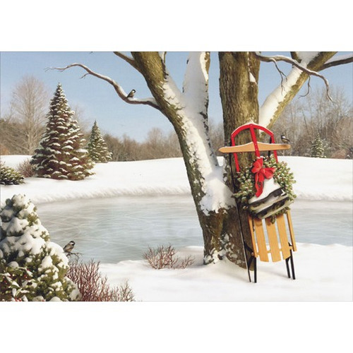 Sled Leaning Against Tree Box of 18 Alan Giana Christmas Cards