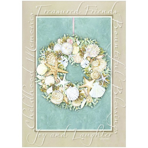 Sea Shell Wreath: Coastal Christmas Box of 18 Christmas Cards: Treasured Friends - Bountiful Blessings - Childhood Memories - Joy and Laughter