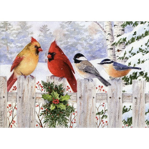 Birds on White Fence Box of 18 Christmas Cards